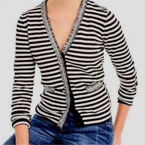 J Crew 100% Wool Button Cardigan Striped Long Sleeve Black White